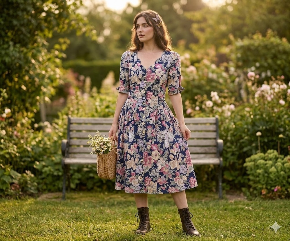 NY & Co. Vintage CottageCore Floral dress Size XS Fit Flare Rolled cuff sleeve